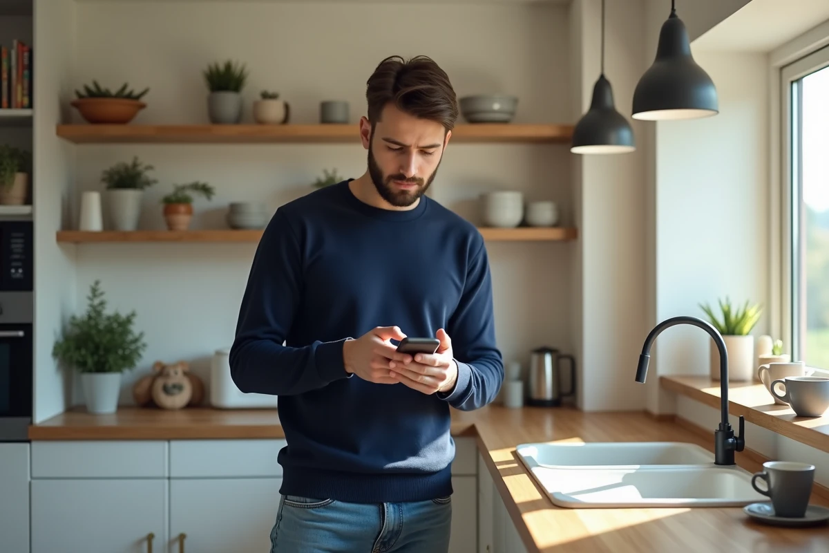 Homme vérifiant ses finances sur smartphone dans la cuisine