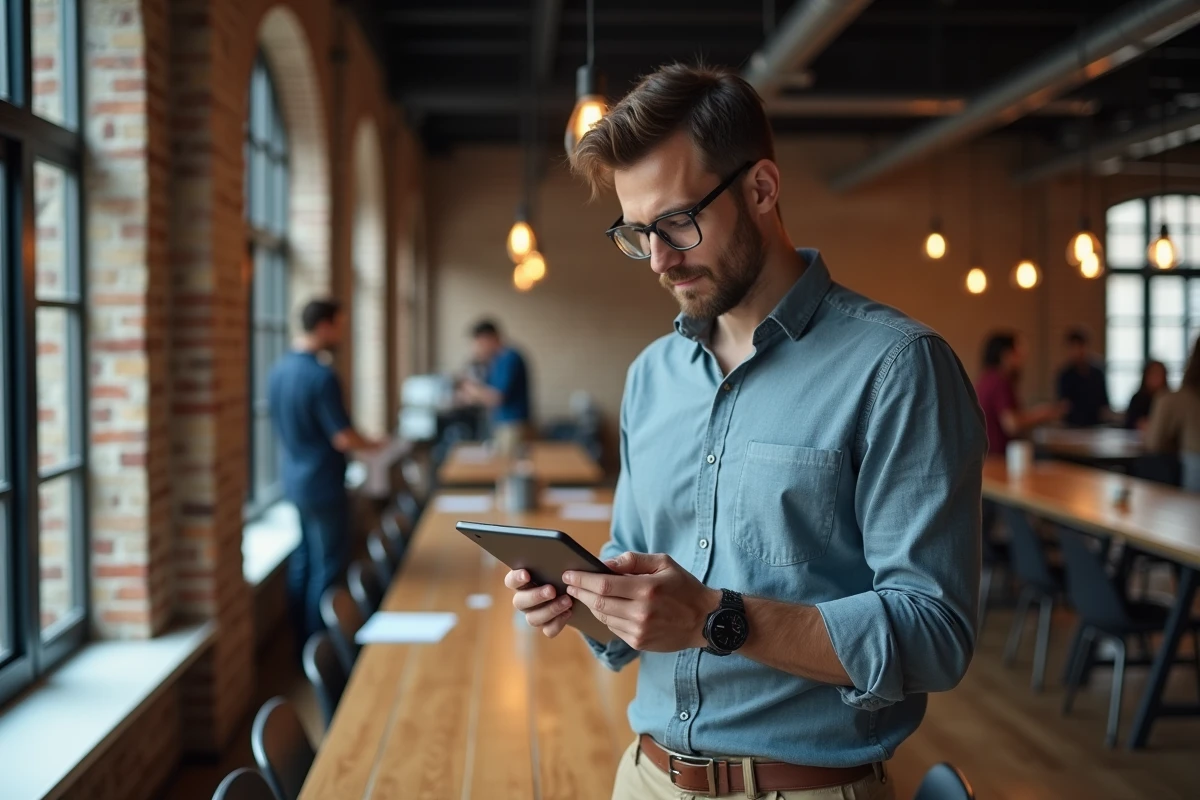 Homme en coworking utilisant une tablette pour un transfert
