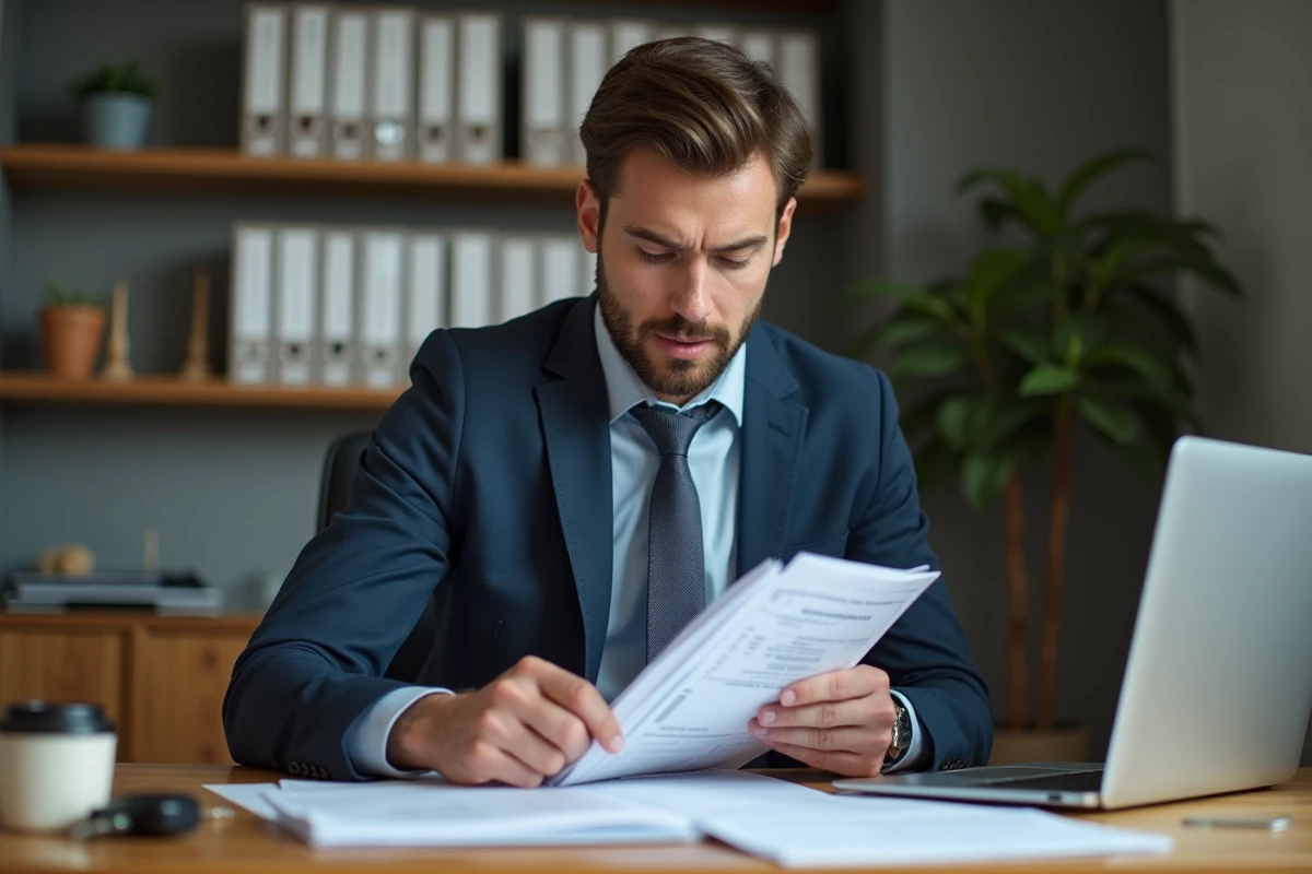 Homme en bureau organisé avec dossiers et factures
