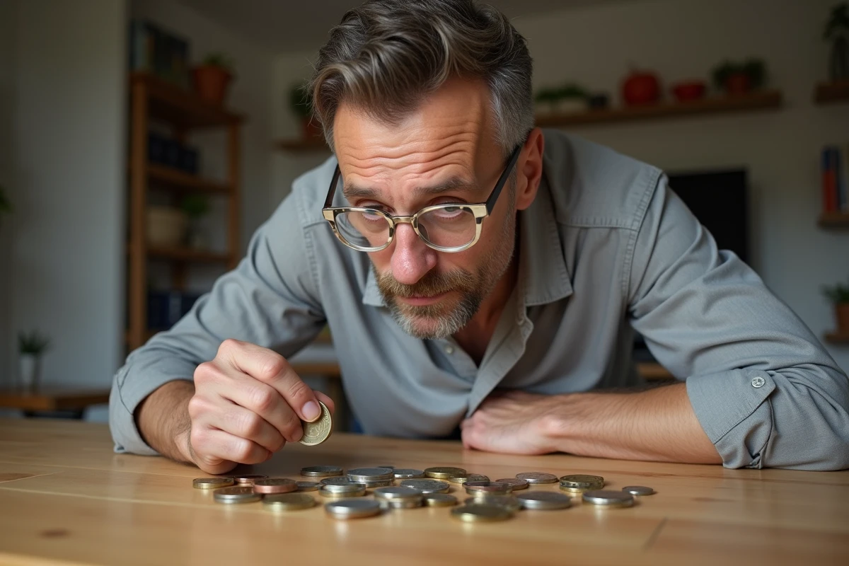 Homme examinant plusieurs pièces de 2 euros à la loupe sur une table en bois, scène de tri numismatique à domicile avec collection de pièces européennes