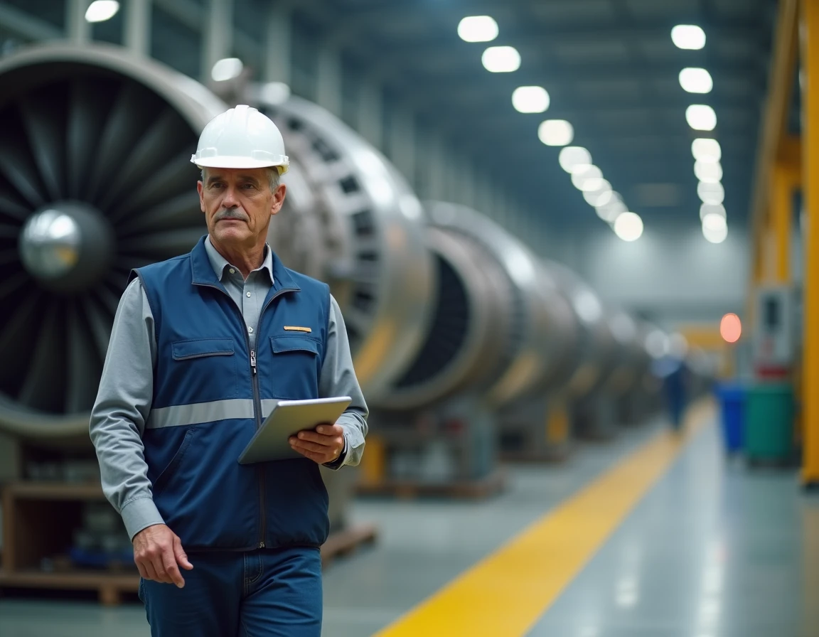 Ingénieur aéronautique sur la chaîne de production de moteurs d'avion dans une usine Safran