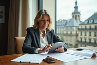 Femme cadre supérieur analysant des documents financiers et des graphiques boursiers dans un bureau parisien moderne, thème investissement PEA et portefeuille actions Kering