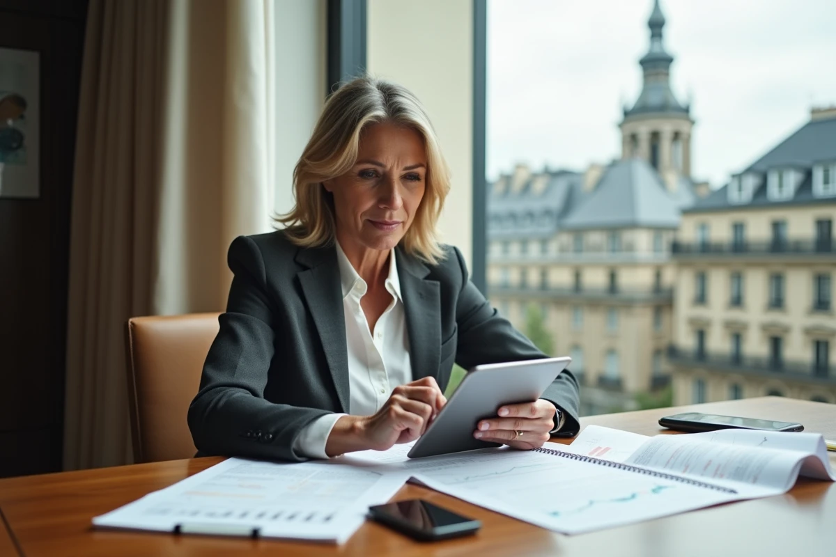 Femme cadre supérieur analysant des documents financiers et des graphiques boursiers dans un bureau parisien moderne, thème investissement PEA et portefeuille actions Kering