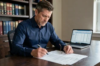 Investisseur immobilier analysant des documents fiscaux liés aux SCPI à son bureau à domicile
