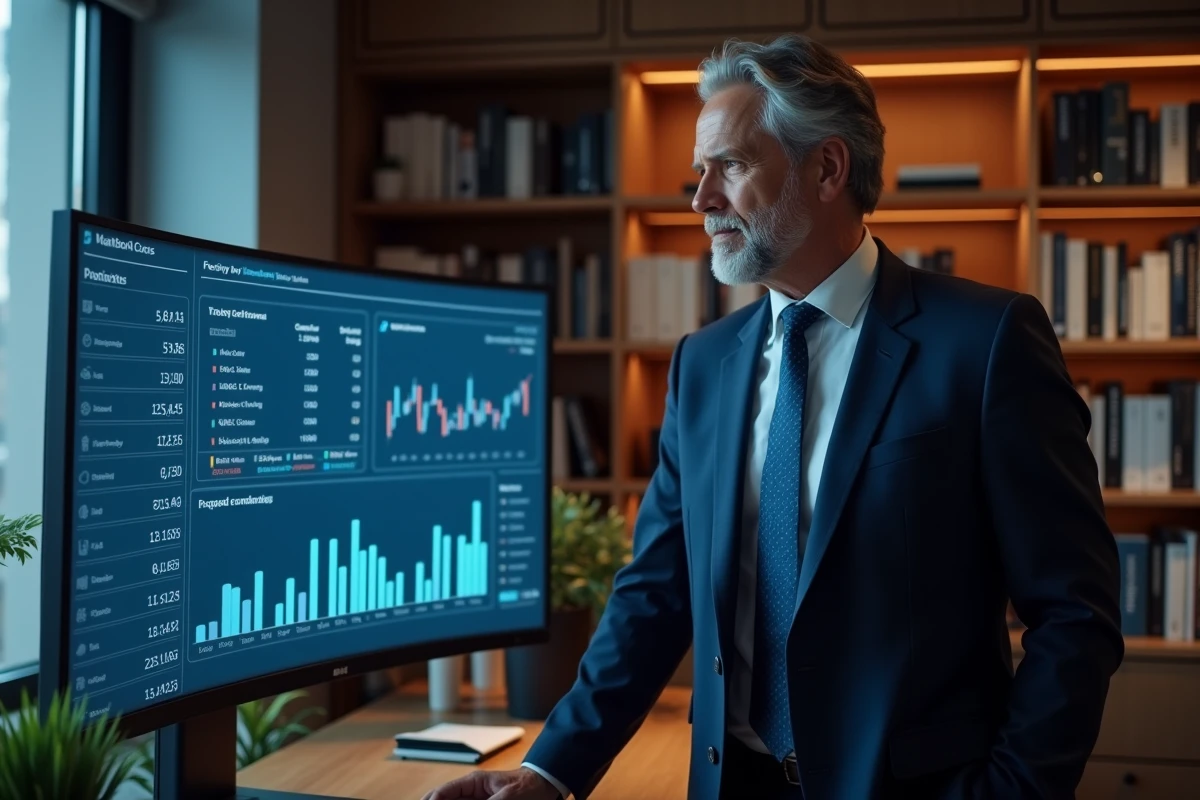 Homme investisseur consultant un tableau de bord boursier sur écran dans un bureau à domicile moderne, gestion de portefeuille CTO et PEA pour actions Kering en 2026