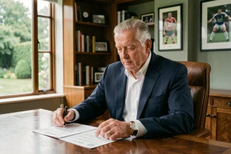 Jean-Pierre Papin assis à un bureau consultant des documents financiers, illustrant les choix de carrière et la fortune d'un ancien footballeur professionnel