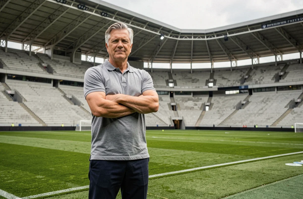 Ancien footballeur professionnel en posture d'entraîneur sur un terrain de football illustrant la reconversion et les revenus post-carrière de Jean-Pierre Papin