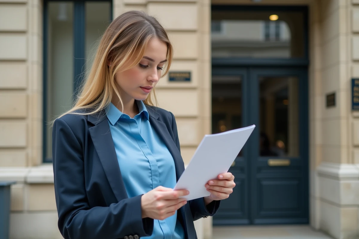Jeune femme devant la mairie tient une enveloppe officielle
