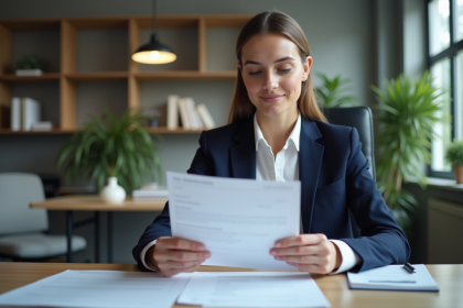 Jeune femme en bureau examine un formulaire de pret