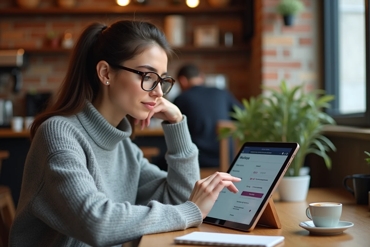 Jeune femme gérant son compte en ligne Crédit Agricole Centre Loire sur une tablette dans un café