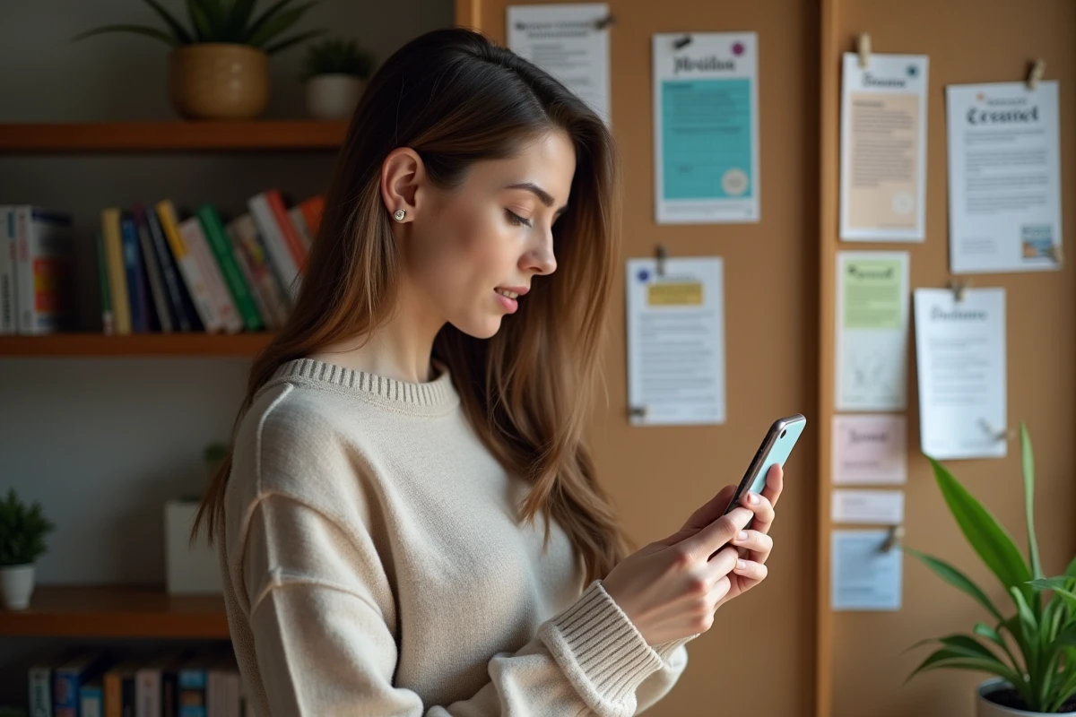 Jeune femme vérifiant les résultats EuroMillions sur son smartphone