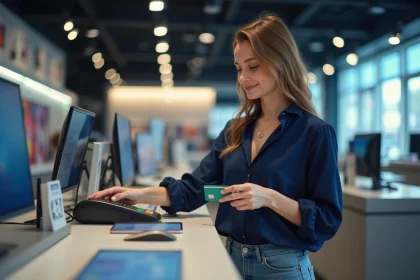 Jeune femme payant avec sa carte dans un magasin moderne