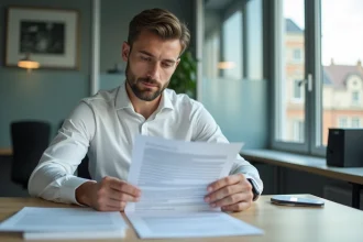 Jeune homme en costume lit un contrat au bureau