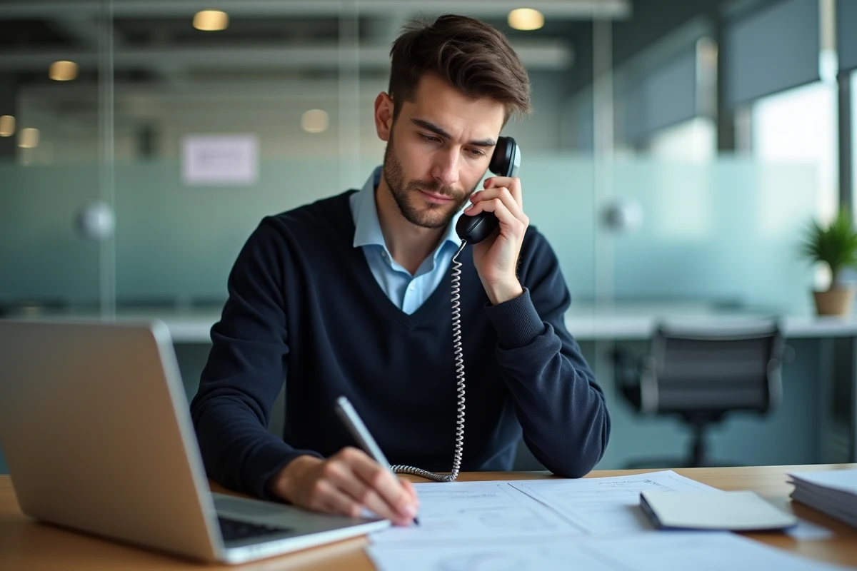 Jeune homme au téléphone dans un bureau moderne