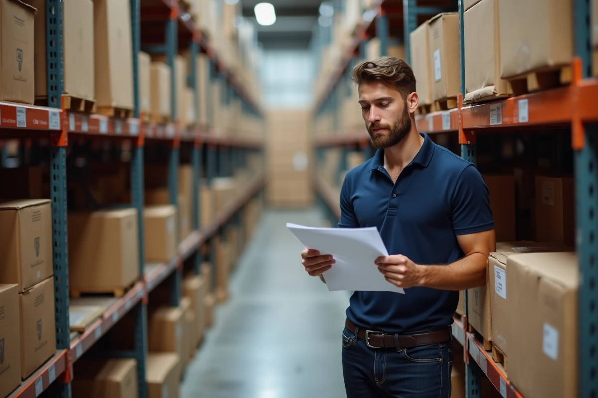 Jeune homme en CDD consultant son contrat de travail dans un entrepôt logistique