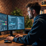 Jeune homme en hoodie surveillant des données sur trois écrans