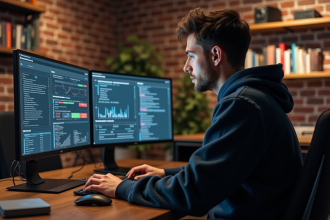 Jeune homme en hoodie surveillant des données sur trois écrans