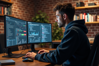 Jeune homme en hoodie surveillant des données sur trois écrans