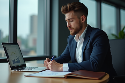 Jeune homme en blazer analysant des graphiques financiers