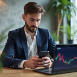 Jeune homme en costume regardant son ordinateur et smartphone crypto