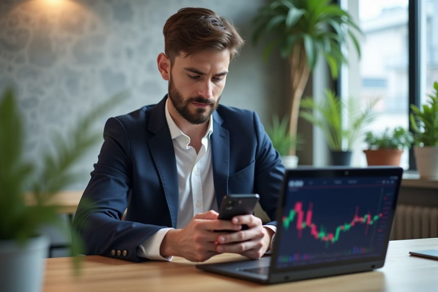 Jeune homme en costume regardant son ordinateur et smartphone crypto