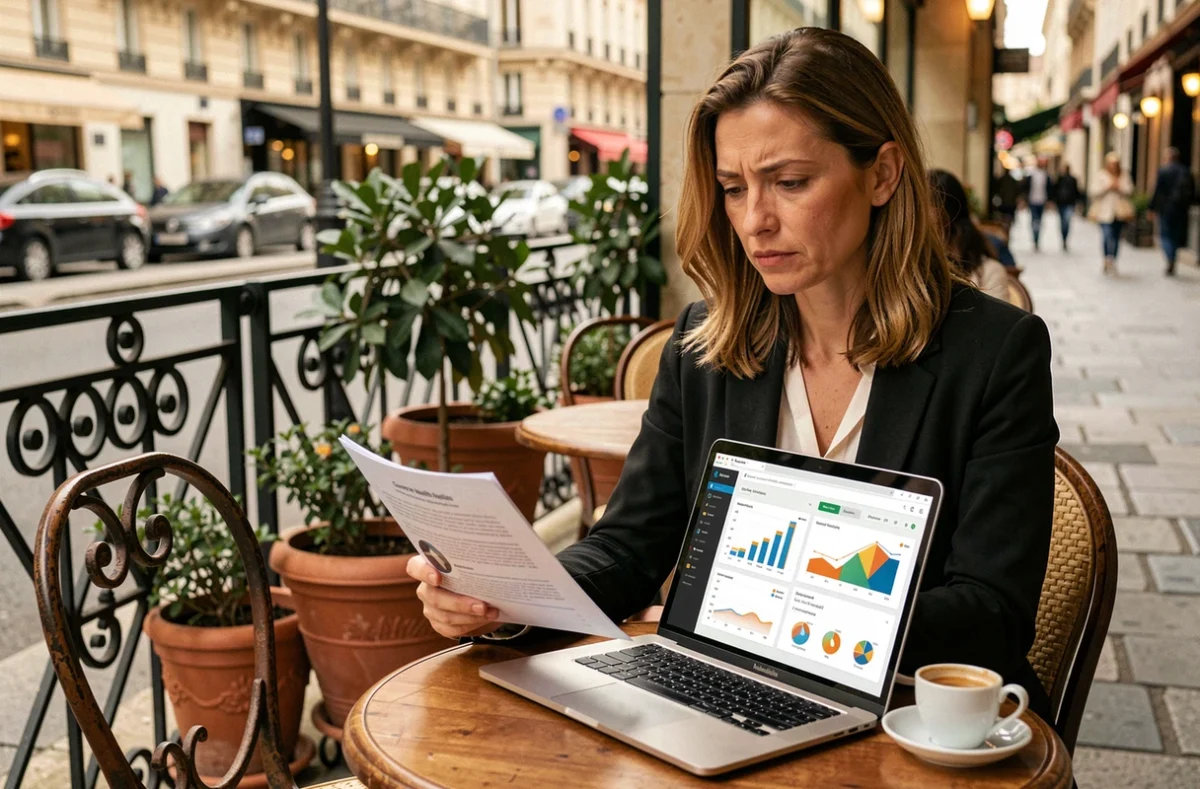 Journaliste consultant un rapport de classement des pays les plus riches à la terrasse d'un café parisien avec visualisations de données