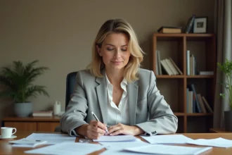 Femme consultant des justificatifs fiscaux pour remplir le formulaire 2041-DPTF-SD à son bureau à domicile