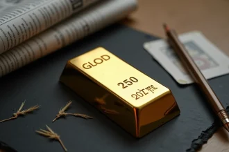 Lingot d'or 250g posé sur une surface en ardoise avec un journal financier et un crayon, illustration d'un investissement en or physique