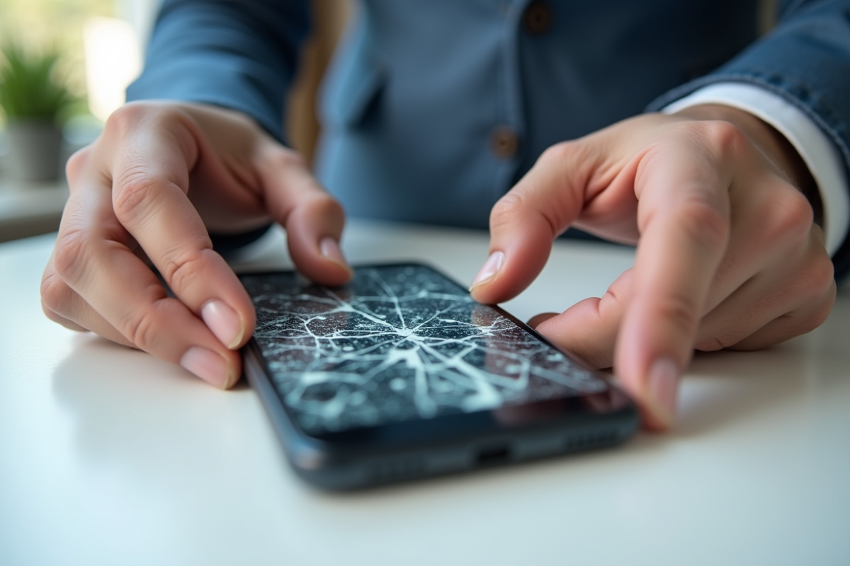 Mains tenant un smartphone cassé avec un écran fissure
