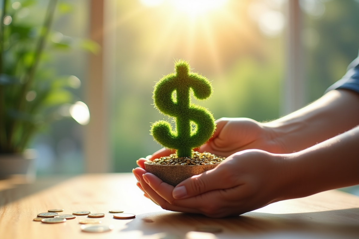 Mains déposant des pièces d or dans une plante verte