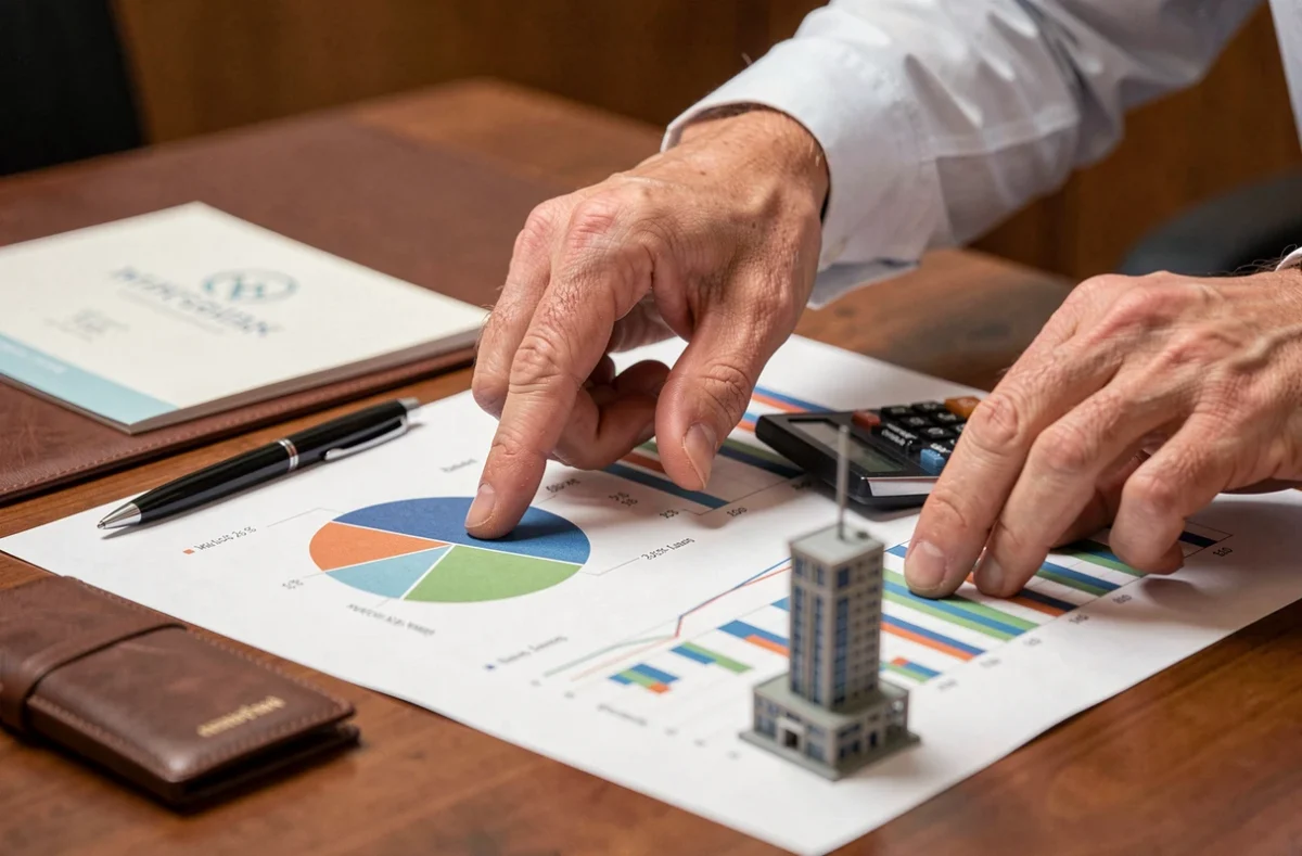 Mains d'un conseiller financier expliquant des graphiques de rendement de SCPI et de fonds immobiliers pierre papier