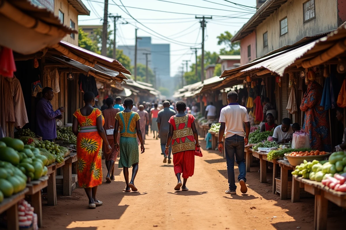 Marché urbain animé à Nairobi avec des vendeurs en vêtements traditionnels colorés, symbole de l'économie émergente africaine
