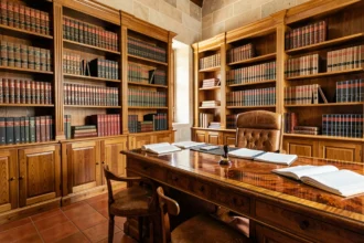 Bureau notarial traditionnel en Occitanie avec des étagères de livres juridiques et un bureau en bois noble
