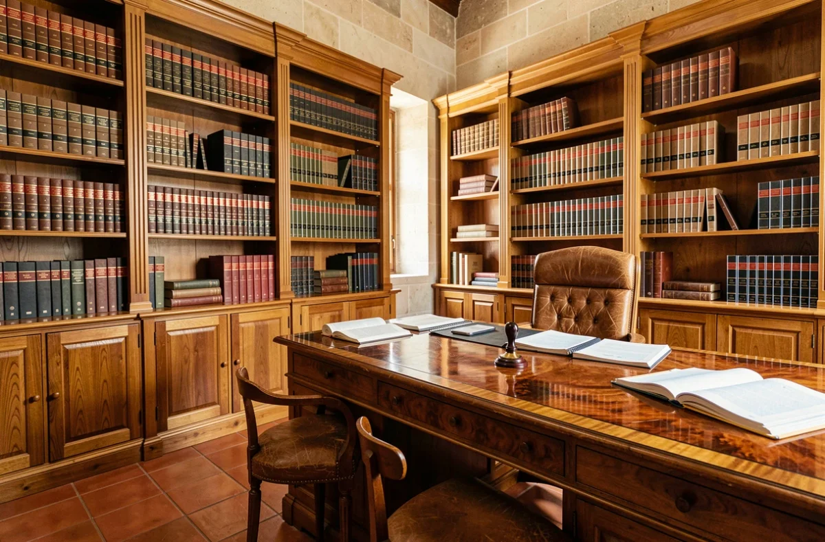 Bureau notarial traditionnel en Occitanie avec des étagères de livres juridiques et un bureau en bois noble
