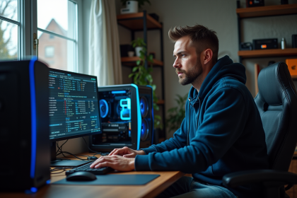 Homme mineur de cryptomonnaie au bureau à domicile