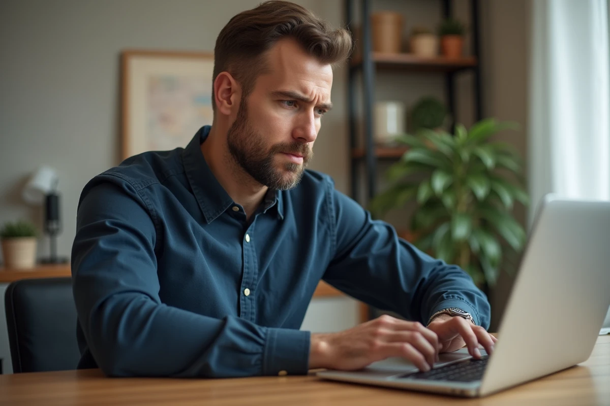 Homme utilisant un ordinateur portable pour mettre à jour son application bancaire LCL Secure en toute sécurité