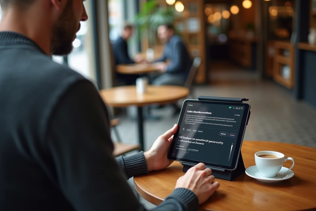 Homme mettant à jour l'application LCL Secure sur une tablette dans un café urbain