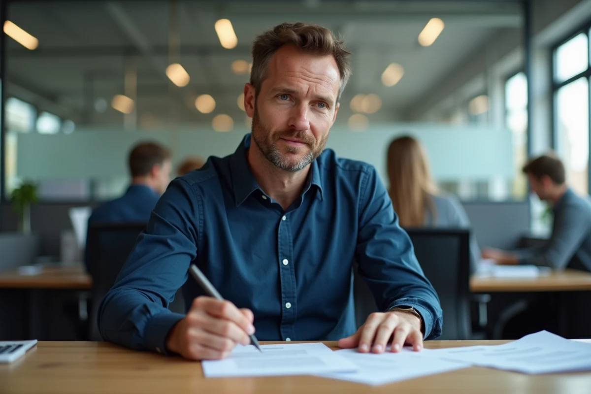 Un homme en chemise bleue examine son contrat de travail à son bureau, stylo en main, avant une négociation de fin de contrat