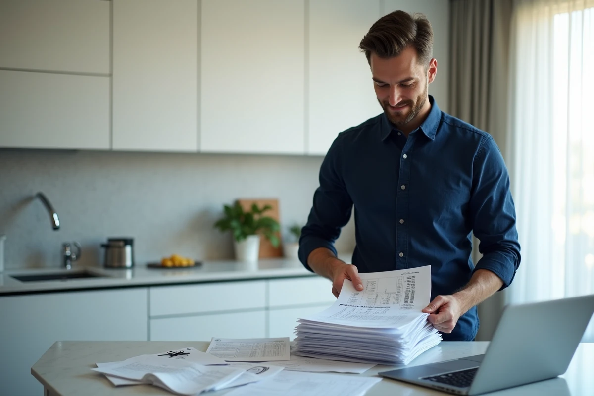 Homme organisant des justificatifs administratifs et fiscaux pour une demande de déduction sur le formulaire 2041-DPTF-SD