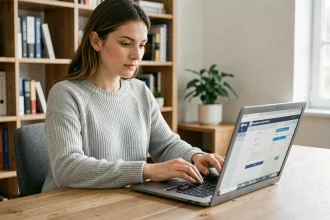 Femme ouvrant un compte bancaire en ligne sur son ordinateur portable depuis son bureau à domicile