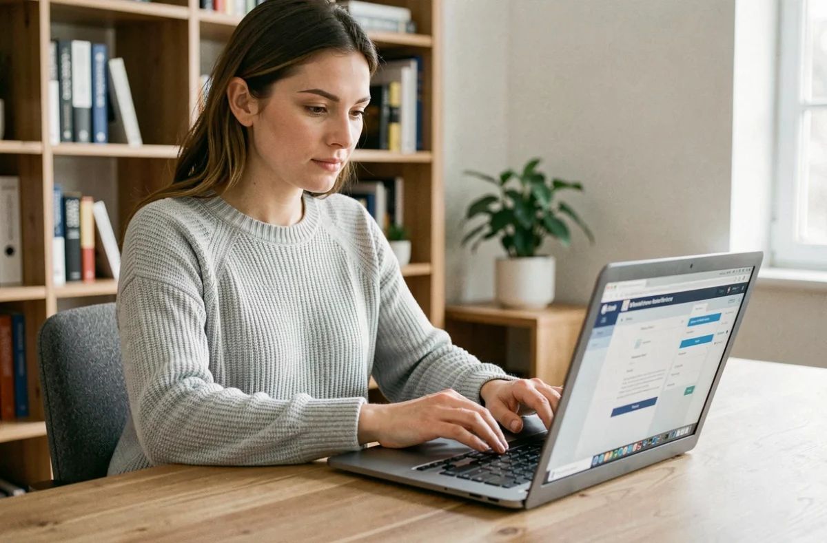 Femme ouvrant un compte bancaire en ligne sur son ordinateur portable depuis son bureau à domicile