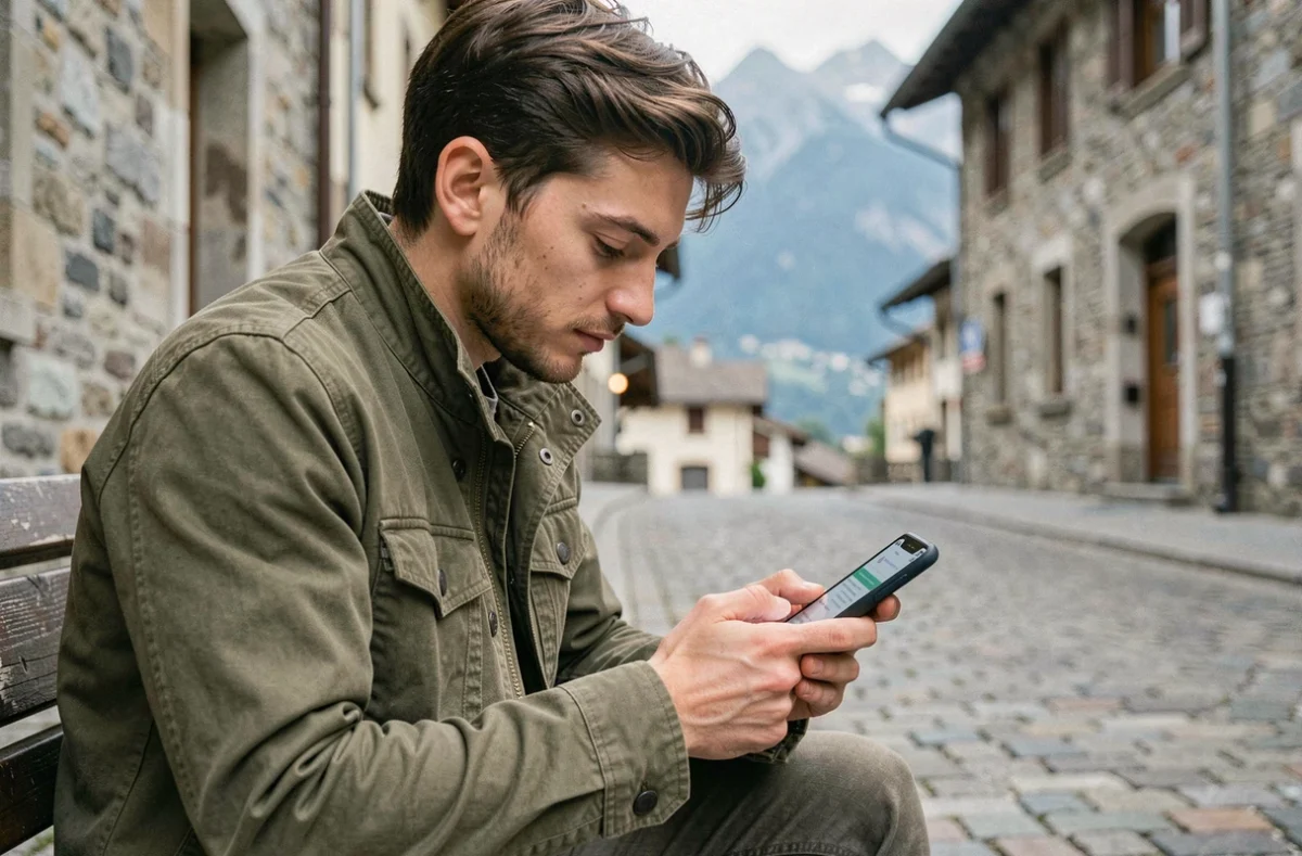 Jeune homme ouvrant un compte bancaire sur smartphone dans une ville savoyarde