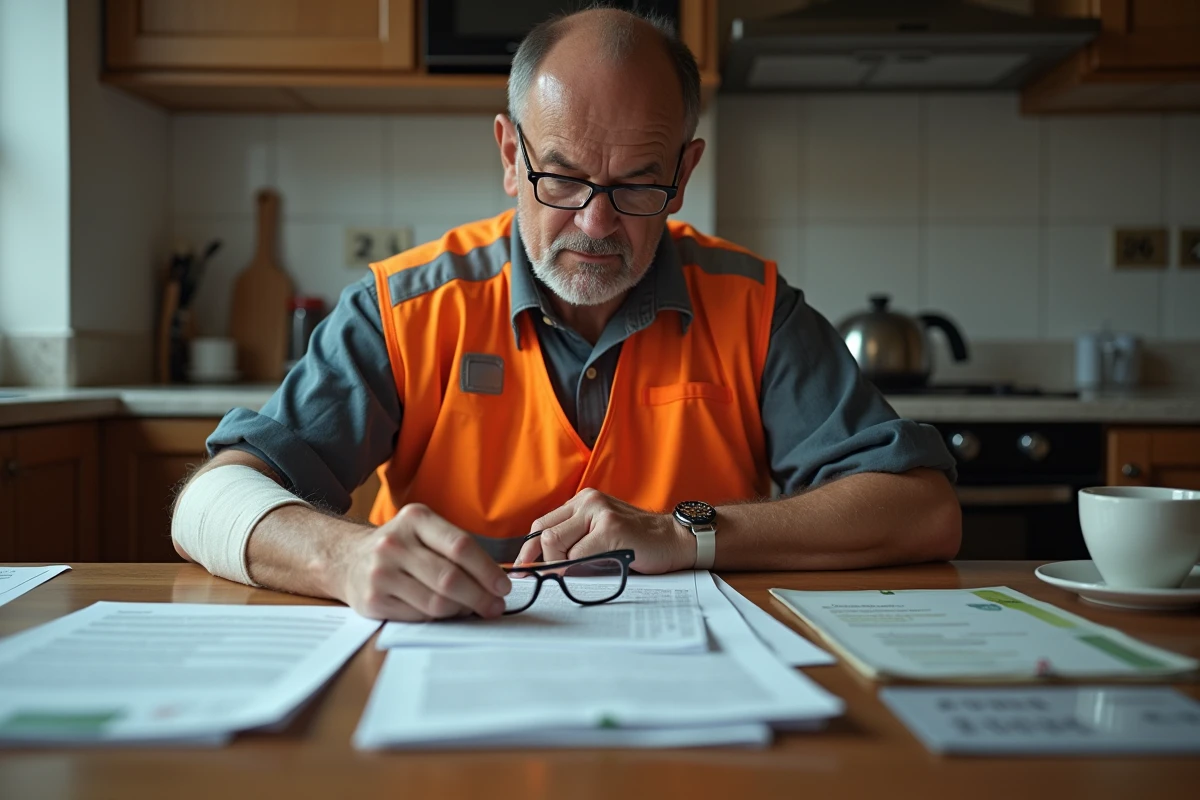 Un ouvrier avec une blessure au bras étudie des documents administratifs sur la suppression du rachat de rente accident du travail en 2026
