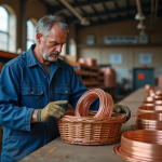 Ouvrier en uniforme inspectant un panier de fils de cuivre brillant