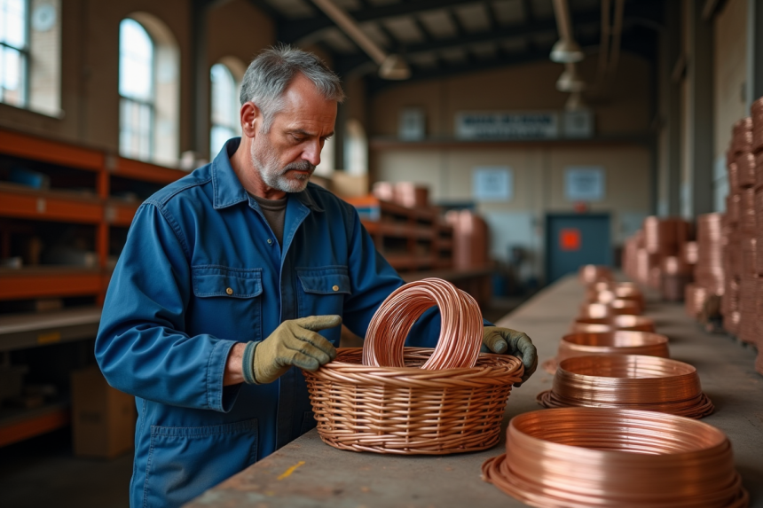Ouvrier en uniforme inspectant un panier de fils de cuivre brillant