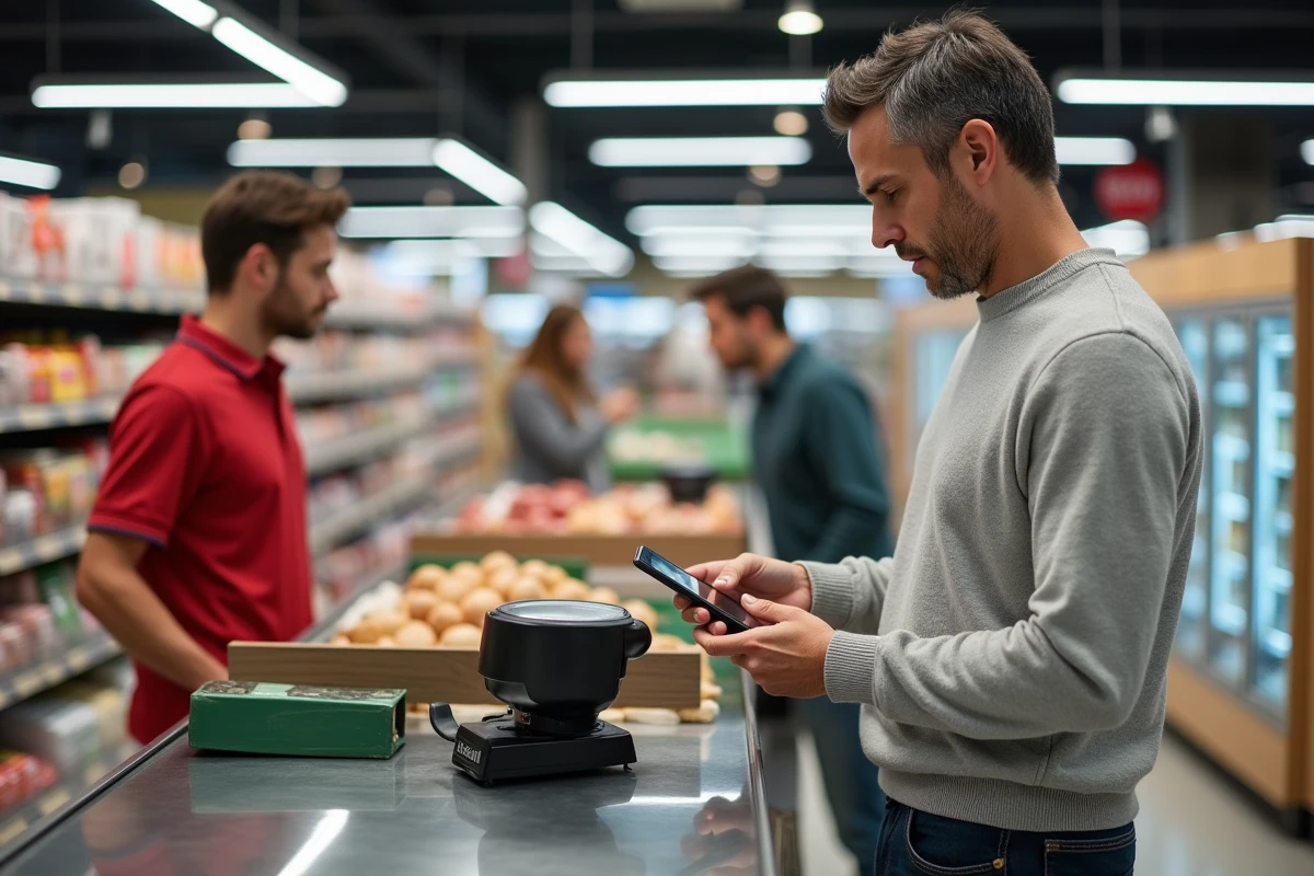 Homme effectuant un paiement sans contact en caisse de supermarché pour obtenir du cashback