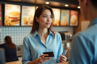 Femme payant avec un Chèque Vacances et une carte bancaire au comptoir McDonald's