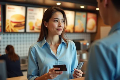 Femme payant avec un Chèque Vacances et une carte bancaire au comptoir McDonald's