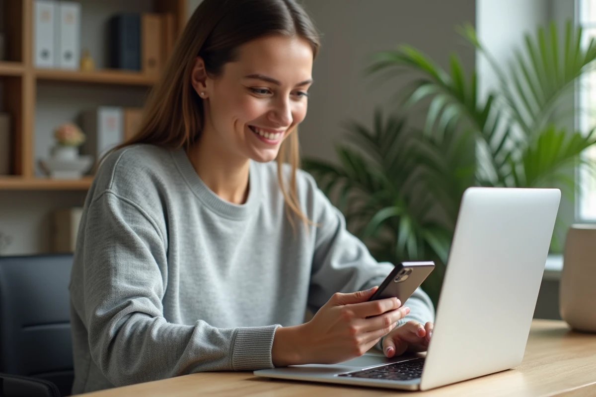 Femme consultant une confirmation de paiement PayPal sur son smartphone dans un bureau à domicile