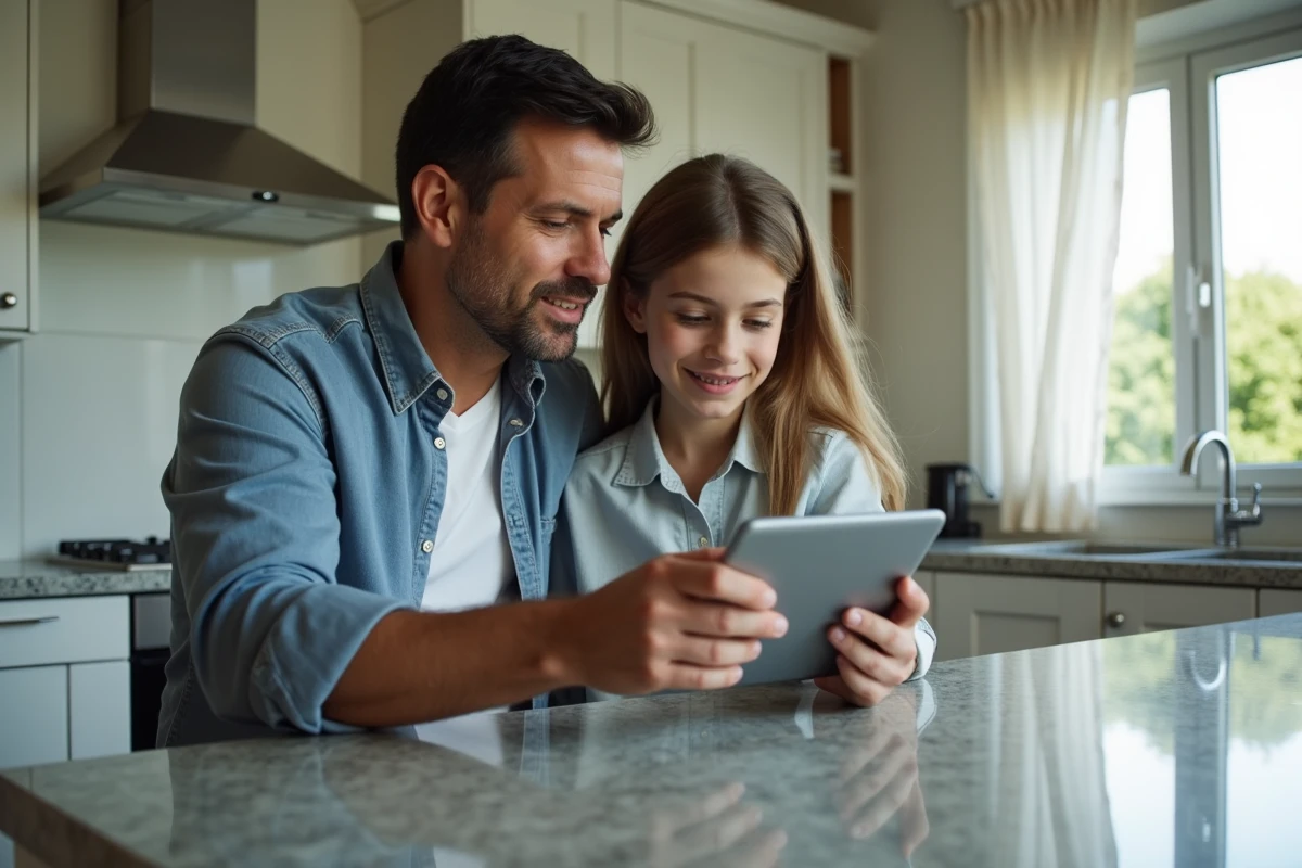 Père et fille explorant la banque digitale à la maison